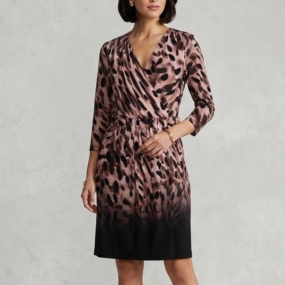 Jennifer Lopez Animal Print Ombre Surplice Faux Wrap Dress Pink Black Sz L Siren